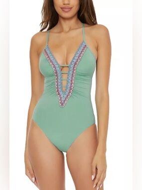 BECCA BY REBECCA Plunge Crochet One Piece Swimsuit